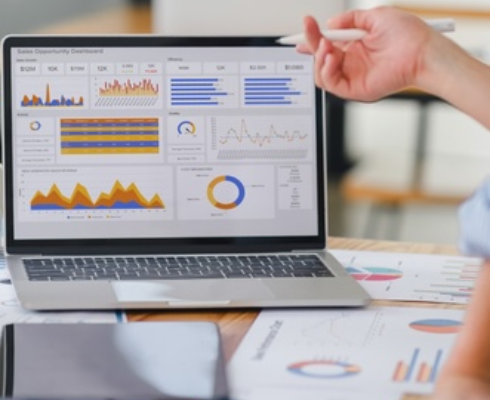 Two data analysts collaborate on a business strategy using a data analysis dashboard displayed on a computer screen.