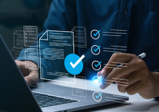 Person reviewing a website audit on a laptop, with digital checklists and checkmark icons overlayed on the screen to represent website performance, SEO, and technical improvements.