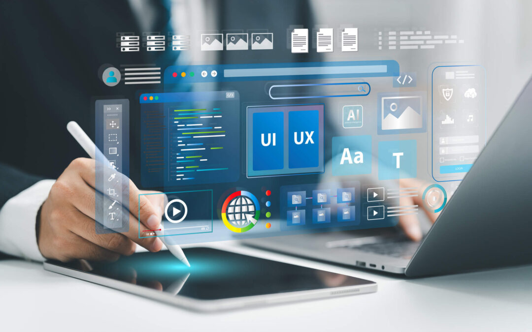 A web developer works on a website, surrounded by holographic displays of code, icons, and data visualizations.